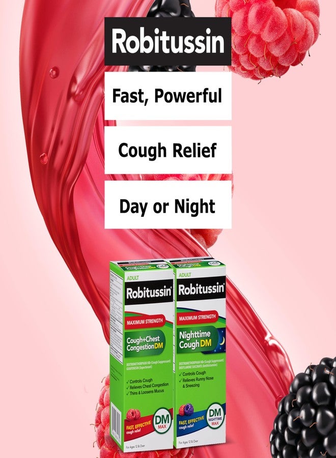 Robitussin Maximum Strength Cough + Chest Congestion DM And Maximum Strength Nighttime Cough DM, Cough Medicine For Adults, Berry Flavor - 4 Fl Oz Bottles (Pack of 2) - Image 2